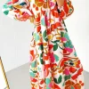 New Dear-Lover Floral Print Split V Neck Tiered Maxi Dress Orange