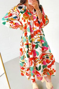 New Dear-Lover Floral Print Split V Neck Tiered Maxi Dress Orange