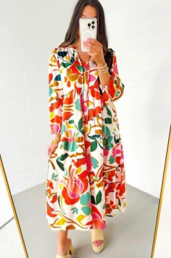 New Dear-Lover Floral Print Split V Neck Tiered Maxi Dress Orange