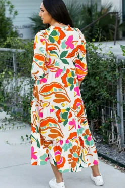 New Dear-Lover Floral Print Split V Neck Tiered Maxi Dress Orange
