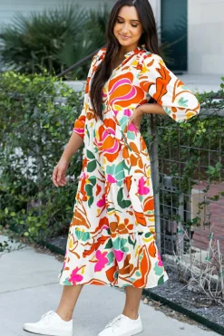 New Dear-Lover Floral Print Split V Neck Tiered Maxi Dress Orange