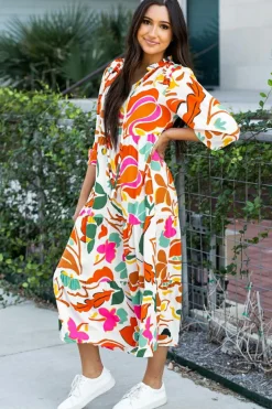 New Dear-Lover Floral Print Split V Neck Tiered Maxi Dress Orange