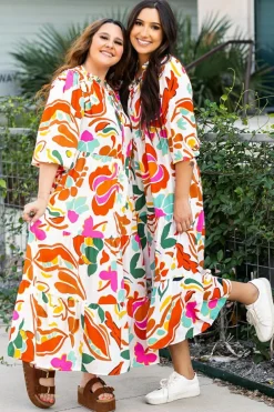 New Dear-Lover Floral Print Split V Neck Tiered Maxi Dress Orange