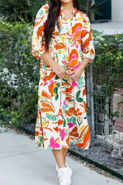 New Dear-Lover Floral Print Split V Neck Tiered Maxi Dress Orange
