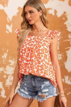 Online Dear-Lover Floral Print Square Neck Ruffle Tank Top Orange