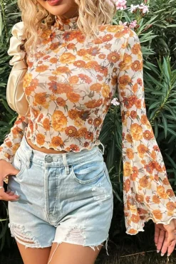 New Dear-Lover Floral Printed Bell Sleeve Mock Neck Scallop Trim Blouse Orange