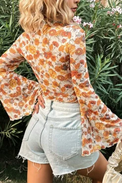 New Dear-Lover Floral Printed Bell Sleeve Mock Neck Scallop Trim Blouse Orange
