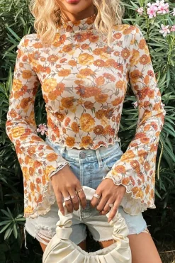 New Dear-Lover Floral Printed Bell Sleeve Mock Neck Scallop Trim Blouse Orange