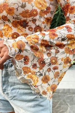 New Dear-Lover Floral Printed Bell Sleeve Mock Neck Scallop Trim Blouse Orange