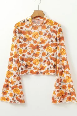 New Dear-Lover Floral Printed Bell Sleeve Mock Neck Scallop Trim Blouse Orange