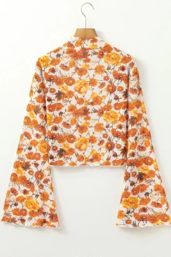 New Dear-Lover Floral Printed Bell Sleeve Mock Neck Scallop Trim Blouse Orange
