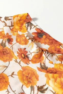 New Dear-Lover Floral Printed Bell Sleeve Mock Neck Scallop Trim Blouse Orange