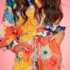 Fashion Dear-Lover Floral Printed Shirt Two Piece Drawstring Shorts Set Orange