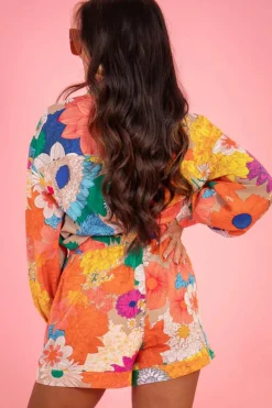Fashion Dear-Lover Floral Printed Shirt Two Piece Drawstring Shorts Set Orange