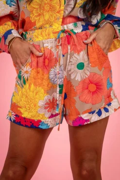 Fashion Dear-Lover Floral Printed Shirt Two Piece Drawstring Shorts Set Orange