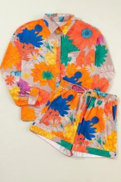 Fashion Dear-Lover Floral Printed Shirt Two Piece Drawstring Shorts Set Orange