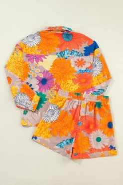 Fashion Dear-Lover Floral Printed Shirt Two Piece Drawstring Shorts Set Orange