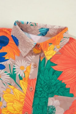 Fashion Dear-Lover Floral Printed Shirt Two Piece Drawstring Shorts Set Orange
