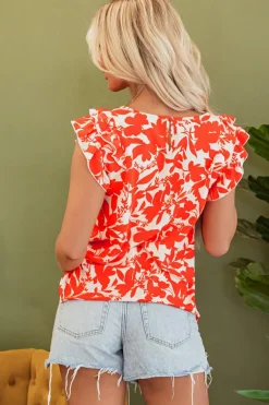 Sale Dear-Lover Floral Ruffle Sleeve Print Top Orange