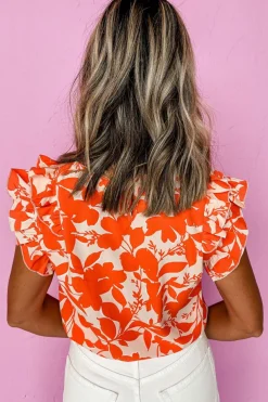 Sale Dear-Lover Floral Ruffle Sleeve Print Top Orange