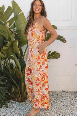 Outlet Dear-Lover Floral V Neck Wide Leg Sleeveless Jumpsuit Orange