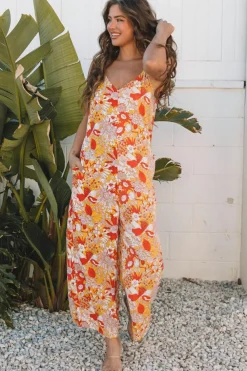 Outlet Dear-Lover Floral V Neck Wide Leg Sleeveless Jumpsuit Orange