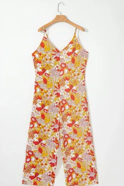 Outlet Dear-Lover Floral V Neck Wide Leg Sleeveless Jumpsuit Orange