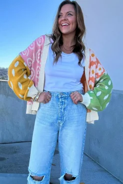 Outlet Dear-Lover Flower & Dotted Mixed Print Colorblock Open Front Cardigan Orange