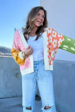Outlet Dear-Lover Flower & Dotted Mixed Print Colorblock Open Front Cardigan Orange