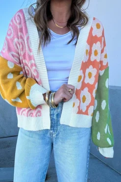 Outlet Dear-Lover Flower & Dotted Mixed Print Colorblock Open Front Cardigan Orange