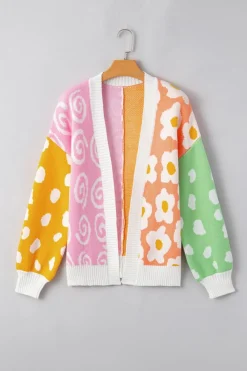 Outlet Dear-Lover Flower & Dotted Mixed Print Colorblock Open Front Cardigan Orange
