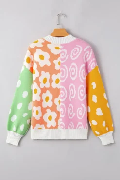 Outlet Dear-Lover Flower & Dotted Mixed Print Colorblock Open Front Cardigan Orange