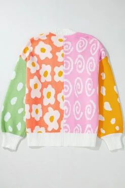 Outlet Dear-Lover Flower & Dotted Mixed Print Colorblock Open Front Cardigan Orange