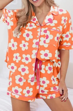 New Dear-Lover Flower Print Short Sleeve Shirt Pajamas Set Orange