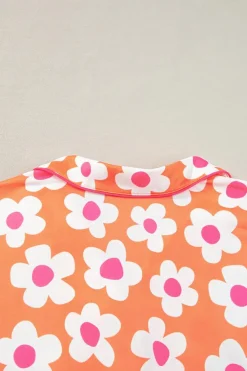 New Dear-Lover Flower Print Short Sleeve Shirt Pajamas Set Orange