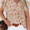 Best Dear-Lover Flutter Sleeve V Neck Floral Summer Blouse Orange