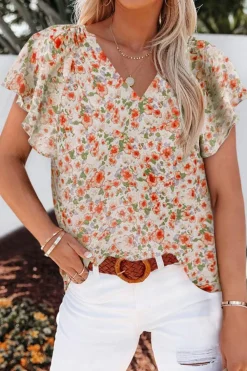 Best Dear-Lover Flutter Sleeve V Neck Floral Summer Blouse Orange