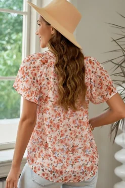 Best Dear-Lover Flutter Sleeve V Neck Floral Summer Blouse Orange