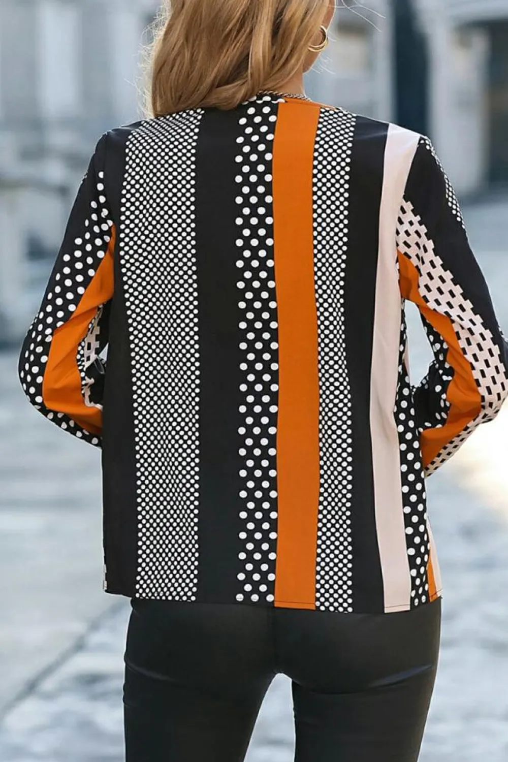 Discount Dear-Lover Geo Print Colorblock Notched V Neck Blouse Orange