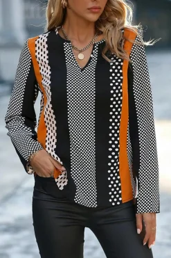 Discount Dear-Lover Geo Print Colorblock Notched V Neck Blouse Orange
