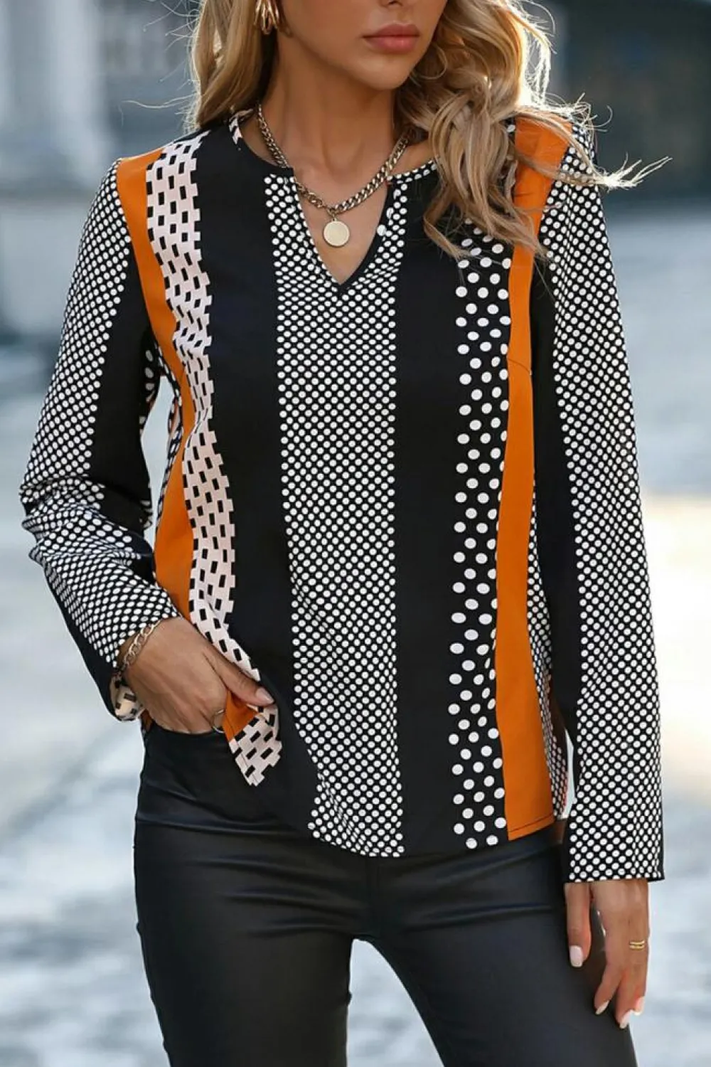 Discount Dear-Lover Geo Print Colorblock Notched V Neck Blouse Orange
