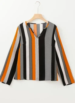 Discount Dear-Lover Geo Print Colorblock Notched V Neck Blouse Orange