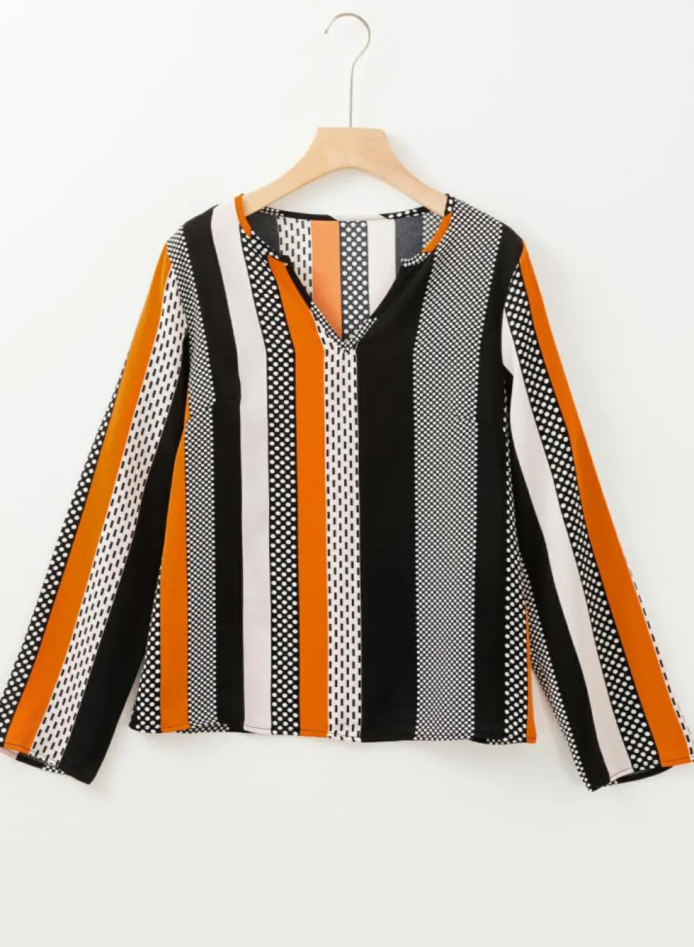 Discount Dear-Lover Geo Print Colorblock Notched V Neck Blouse Orange
