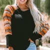Clearance Dear-Lover Geo Print Raglan Patchwork Long Sleeve Tee Orange