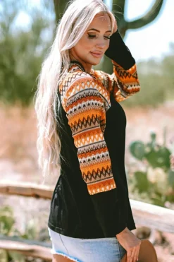 Clearance Dear-Lover Geo Print Raglan Patchwork Long Sleeve Tee Orange