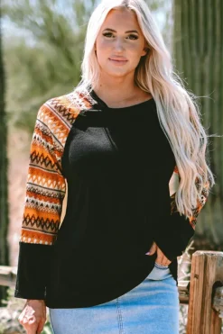 Clearance Dear-Lover Geo Print Raglan Patchwork Long Sleeve Tee Orange