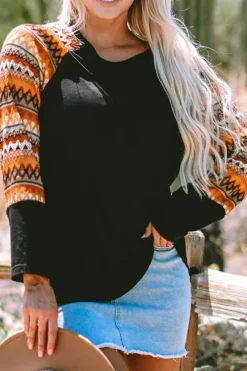 Clearance Dear-Lover Geo Print Raglan Patchwork Long Sleeve Tee Orange