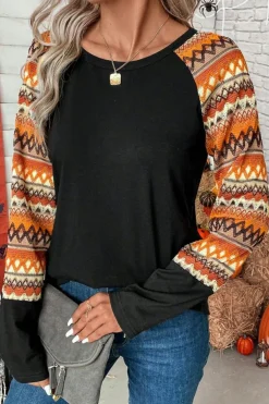 Clearance Dear-Lover Geo Print Raglan Patchwork Long Sleeve Tee Orange