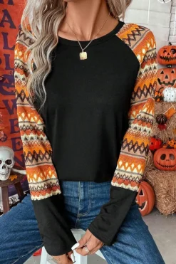 Clearance Dear-Lover Geo Print Raglan Patchwork Long Sleeve Tee Orange