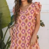 New Dear-Lover Geometric Floral V Neck Buttoned Ruffled Sleeve Mini Dress Orange
